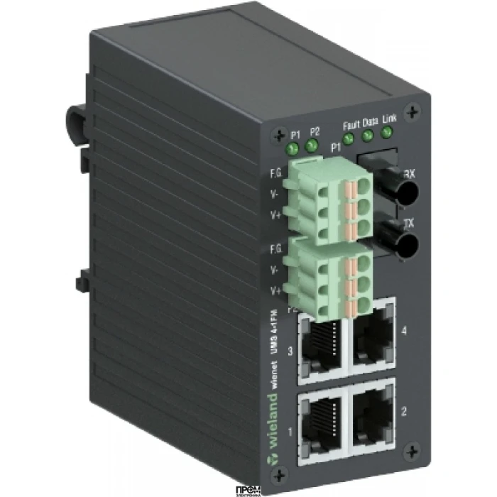 Коммутатор WIENET UMS 4-1FM, Коммутатор серии WieNet, неуправляемый, 4 порта RJ45 скорость передачи 10/100 MBit/s, FOC порт 1x ST (multi mode), номинальное напряжение: 9-30 VDC, монтаж: на DIN рейку, материал корпуса: алюминий