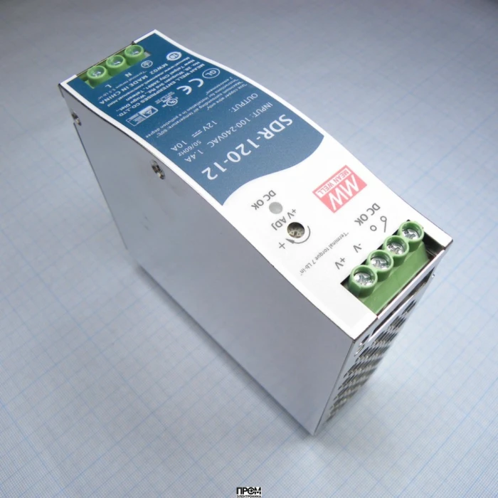 SDR-120-12, Преобразователь AC-DC на DIN-рейку 120Вт, выход 12В/10A (пиковый 15А), рег. вых 12...14В, вход 88…264V AC, 47…63Гц /124…370В DC, изоляция 3000В AC, в кожухе 40х125,2х113,5мм, -25…+70°С