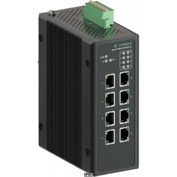 Коммутатор WIENET UMS 8G-POE-24V, Коммутатор серии WieNet, неуправляемый, 8 портов RJ45 скорость передачи 10/100/1000 MBit/s, 8 портов PoE, номинальное напряжение: 12-57 VDC, монтаж: на DIN рейку, материал корпуса: алюминий
