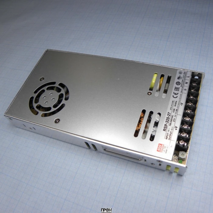 RSP-320-27, AC-DC, 320Вт, ККМ, вход 88…264V AC, 47…63Гц /124…370В DC, выход 27В/11.9A, рег. вых 26…31.5В, изоляция 3000В AC, в корпусе 215х115х30мм, -30…+70°С