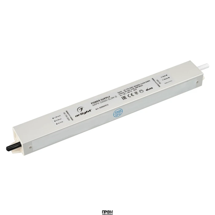 Блок питания ARPV-24060-SLIM-D (24V, 2.5A, 60W) 025027(1), Источник напряжения с гальванической развязкой для светодиодных изделий. Входное напряжение 170-265 VAC. Выходные параметры: 24 В, 2,5 А, 60 Вт. Встроенный PFC >0,5. Герметичный алюминиевый корпус