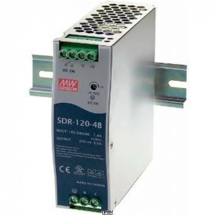 SDR-120-48, Преобразователь AC-DC на DIN-рейку 120Вт, выход 48В/2.5A (пиковый 3,75А), рег.вых=48...55В, вход 88…264VAC, 47…63Гц / 127…370VDC, изоляция 3000V AC, в кожухе : 40х125.2х114мм, -25…+70°С