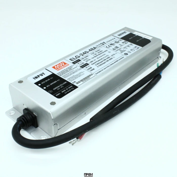 ELG-240-48A-3Y, AC-DC, 240Вт, IP65, вход 100…305В AC, 47…63Гц/142…431В DC, ККМ, выход 24...48В/5А, изоляция 3750В AC, в кожухе 244х71х37.5мм, -40…+85°С (корпус), потенциометры, провод заземления