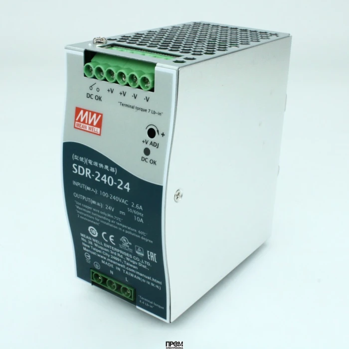 SDR-240-24, Преобразователь AC-DC на DIN-рейку 240Вт, выход 24В/10A, рег.вых=24...28В, вход 90…264VAC, 47…63Гц / 127…370VDC, изоляция 3000V AC, в кожухе : 63х125.2х114мм, -25…+70°С