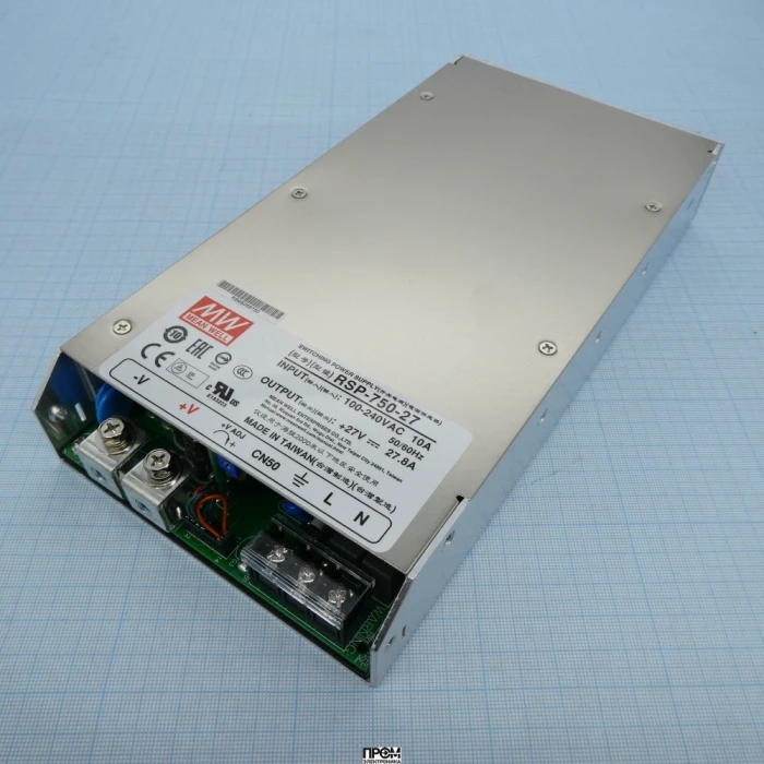 RSP-750-27, AC-DC, 750Вт, ККМ, вход 90…264V AC, 47…63Гц /127…370В DC, выход 27В/27.8A, рег. вых 24…30В, эл. рег. 40…110% Uном./Iном., изоляция 3000В AC, в корпусе 250х127х41мм, -30…+70°С