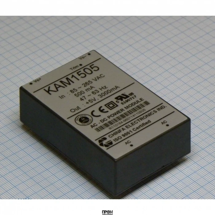 KAM1505, AC-DC, 15Вт, выход 5В/3A, рег. вых=±10%Uном, вход 85…265V AC, 47…63Гц / 120...370V DC , изоляция 3000V AC, в кожухе 76х51х23мм, -20…+50°С