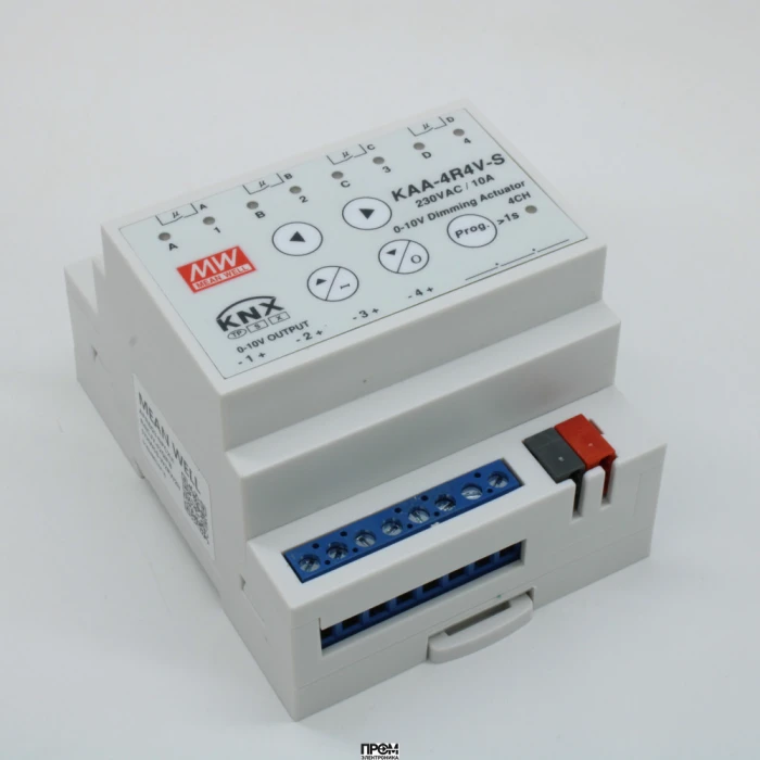 KAA-4R4V-10S, Универсальный актуатор KNX с функцией защиты данных, 4 канала, вх. напр. 21…31В, ток 10А на канал, димминг 0-10 В, -30…+45°C, в корпусе 72?90?57мм на ДИН рейку