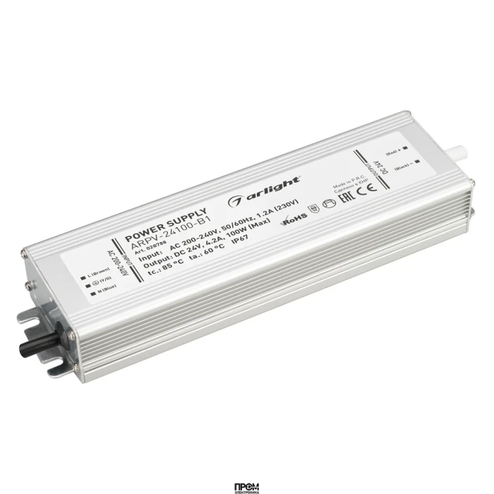 Блок питания ARPV-24100-B1 (24V, 4,2A, 100W) 028788, Источник напряжения с гальванической развязкой для светодиодных изделий. Входное напряжение 200-240 VAC. Выходные параметры: 24 В, 4.2 А, 100 Вт. Встроенный PFC >0.5. Герметичный алюминиевый корпус IP 6
