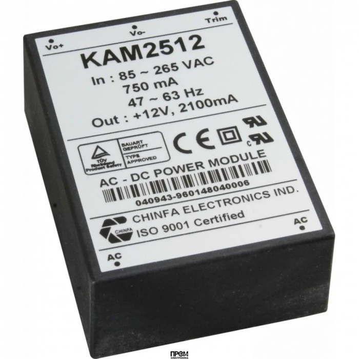 KAM1512, AC-DC, 15Вт, выход 12В/1,25A, рег. вых=±10%Uном, вход 85…265V AC, 47…63Гц / 120...370V DC, изоляция 3000V AC, в кожухе 76х51х23мм, -20…+50°С