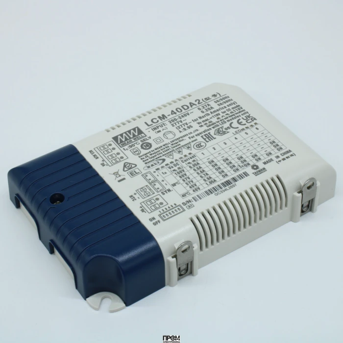 LCM-40DA2, AC-DC, 42Вт, стабилизатор тока, вход 180…295В AC, 47…63Гц /254…417В DC, выход 350…1050мA/2…100В, ККМ, изоляция 3750В AC, в кожухе 123.5х81.5х23мм, -30…+60°С, димминг кнопкой и DALI2