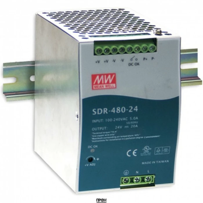SDR-480-24, Преобразователь AC-DC на DIN-рейку 480Вт, выход 24В/0...20A, рег.вых=24...28В, вход 90…264VAC, 47…63Гц / 127…370VDC, изоляция 3000V AC, в кожухе : 85.5х125.2х128.5мм, -25…+70°С
