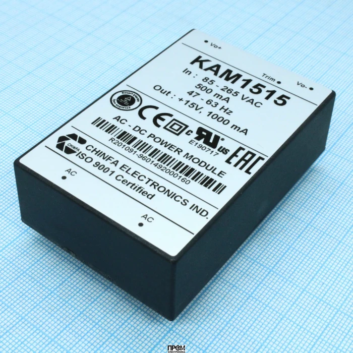 KAM1515, AC-DC, 15Вт, выход 15В/1A, рег. вых=±10%Uном, вход 85…265V AC, 47…63Гц / 120...370V DC, изоляция 3000V AC, в кожухе 76х51х23мм, -20…+50°С