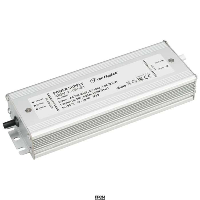 Блок питания ARPV-24150-B1 (24V, 6,3A, 150W) 028789, Источник напряжения с гальванической развязкой для светодиодных изделий. Входное напряжение 200-240 VAC. Выходные параметры: 24 В, 6.25 А, 150 Вт. Встроенный PFC >0.5. Герметичный алюминиевый корпус IP