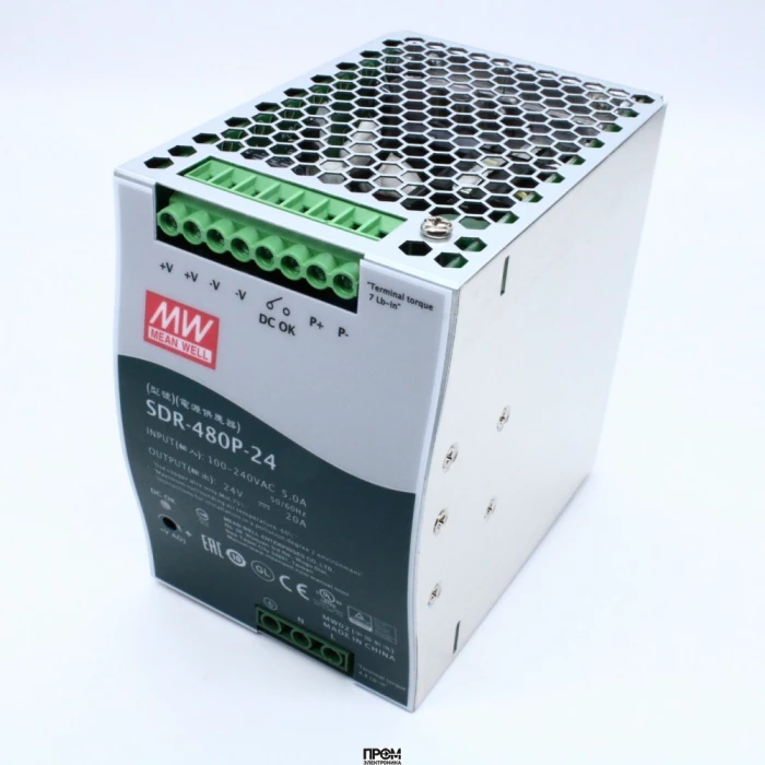 SDR-480P-24, Преобразователь AC-DC на DIN-рейку 480Вт, выход 24В/0...20A, рег.вых=24...28В, вход 90…264VAC, 47…63Гц / 127…370VDC, изоляция 3000V AC, в кожухе : 85.5х125.2х128.5мм, -25…+70°С, возможность параллельного подключения