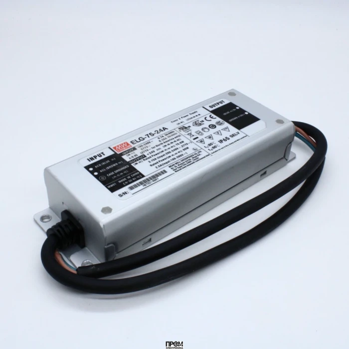 ELG-75-24A, AC-DC, 75.6Вт, IP65, вход 100…305В AC, 47…63Гц/142…431В DC, ККМ, выход 12…24В/3.15А, изоляция 3750В AC, в кожухе 180х63х35,5мм, -40…+85°С (корпус), рег. выхода