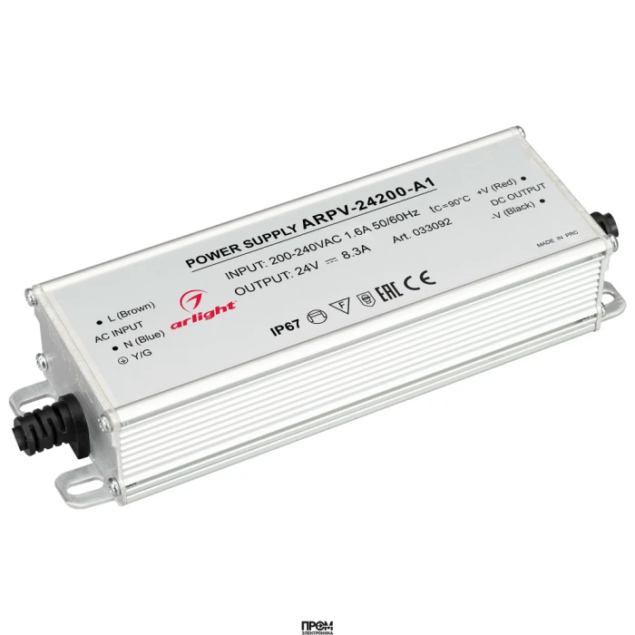 Блок питания ARPV-24200-A1 (24V, 8.3A, 200W) 033092, Источник напряжения с гальванической развязкой для светодиодных изделий. Входное напряжение 200-240 VAC. Выходные параметры: 24 В, 8.3 А, 200 Вт. Встроенный PFC >0.5. Герметичный алюминиевый корпус IP 6