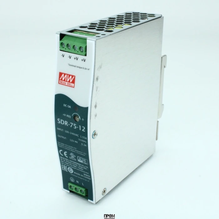 SDR-75-12, Преобразователь AC-DC на DIN-рейку 75Вт, выход 12В/6.3A (пиковый 9.375А), рег. вых 12...14В, вход 88…264V AC, 47…63Гц /124…370В DC, изоляция 3000В AC, в кожухе 32х125.2х102мм, -30…+70°С