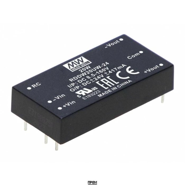RSDW20UW-15, DC/DC, 20Вт, вход 8.5…160В, выход 15В/1.33А, изоляция 3000В DC, КПД 89%, максимальная емкостная нагрузка не более 2200мкФ, 2x1", 50.8x25.4x10.2мм, -40…95°C