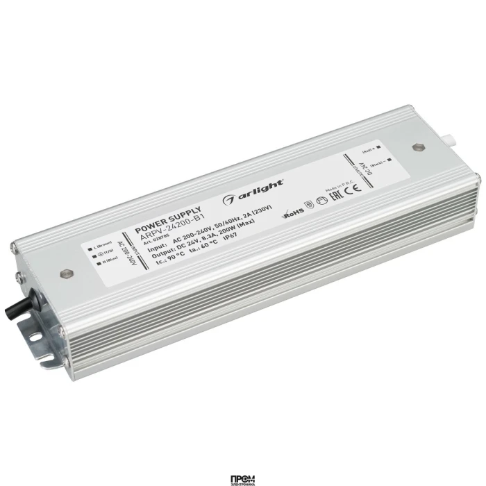 Блок питания ARPV-24200-B1 (24V, 8,3A, 200W) 028785, Источник напряжения с гальванической развязкой для светодиодных изделий. Входное напряжение 200-240 VAC. Выходные параметры: 24 В, 8.3 А, 200 Вт. Встроенный PFC >0.5. Герметичный алюминиевый корпус IP 6