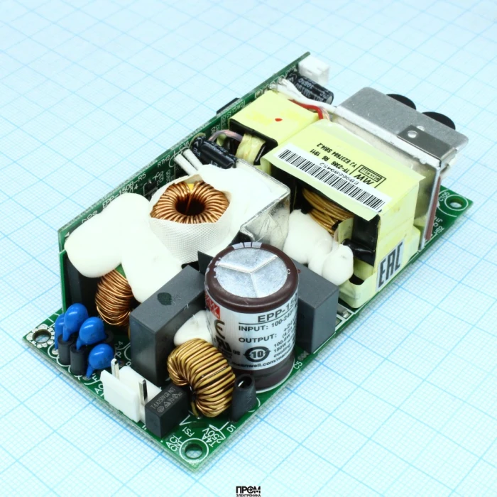 EPP-150-24, AC-DC, 100Вт (вент. 150Вт), ККМ, вход 90…264V AC, 47…63Гц /127…370В DC, выход 24В/4.2A (вент. 6.25А), рег. вых 23.52…25.2В, изоляция 3000В AC, открытая плата 102х51х29мм, -30…+70°С, доп. выход 12В/0.3А