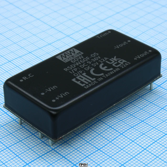 RSDW60F-05, DC/DC, 60Вт, вход 9…36В, выход 5В/12А, изоляция 3000В DC, КПД 90%, максимальная емкостная нагрузка не более 28000мкФ, 2x1", 50.8x25.4x10.5мм, -40…85°C