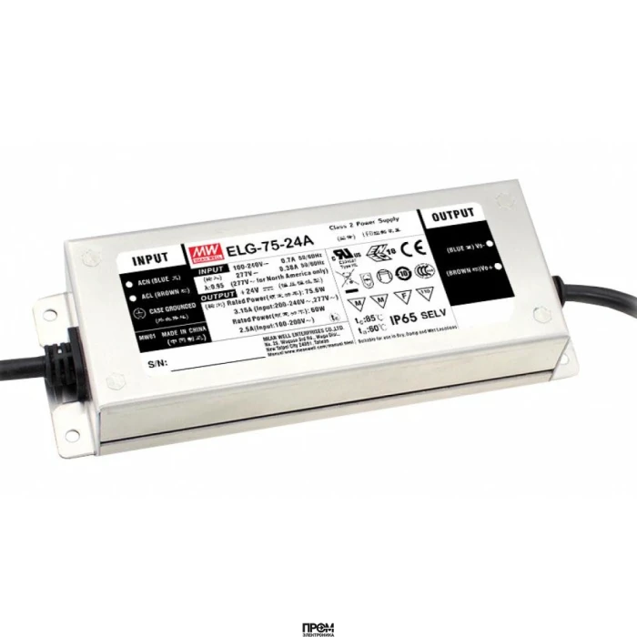 ELG-75-24B-3Y, AC-DC, 75.6Вт, IP67, вход 100…305В AC, 47…63Гц/142…431В DC, ККМ, выход 12…24В/3.15А, изоляция 3750В AC, в кожухе 180х63х35,5мм, -40…+85°С (корпус), димминг 3 в 1, с проводом заземления