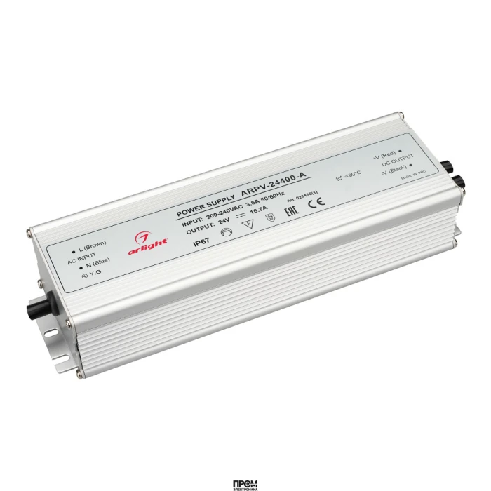 Блок питания ARPV-24400-A (24V, 16.7A, 400W) 026456(1), Источник напряжения с гальванической развязкой для светодиодных изделий. Входное напряжение 200-240 VAC. Выходные параметры: 24 В, 16,7 А, 400 Вт. Встроенный PFC >0,5. Герметичный алюминиевый корпус