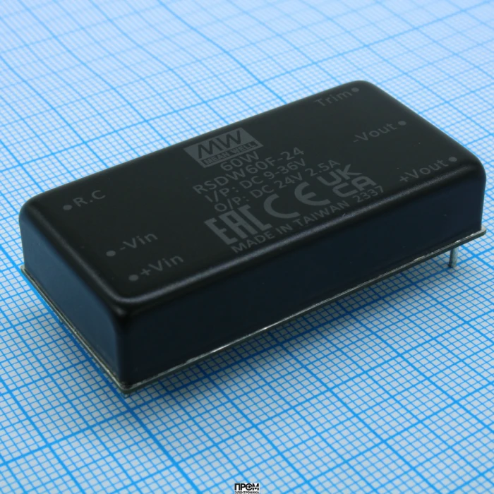 RSDW60F-24, DC/DC, 60Вт, вход 9…36В, выход 24В/2.5А, изоляция 3000В DC, КПД 92%, максимальная емкостная нагрузка не более 2000мкФ, 2x1", 50.8x25.4x10.5мм, -40…85°C