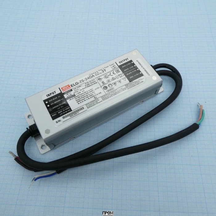 ELG-75-24DA-3Y, AC-DC, 75.6Вт, IP67, вход 100…305В AC, 47…63Гц/142…431В DC, ККМ, выход 12…24В/3.15А, изоляция 3750В AC, в кожухе 180х63х35,5мм, -40…+85°С (корпус), DALI димминг, с проводом заземления
