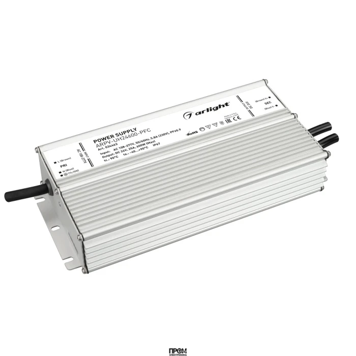 Блок питания ARPV-UH24600-PFC (24V, 25A, 600W) 034463, Источник напряжения с гальванической развязкой для светодиодных изделий. Входное напряжение 108-277 VAC. Выходные параметры: 24 В, 25 А, 600 Вт. Встроенный PFC >0.9. Герметичный алюминиевый корпус IP