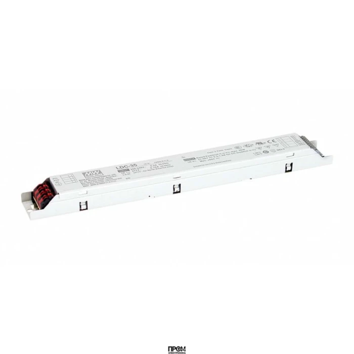 LDC-35B, AC-DC, 35Вт, стабилизатор тока, вход 180…295В AC, 47…63Гц, выход 300…1000мA/27…56В, ККМ, изоляция 3750В AC, в кожухе 280х30х21мм, -25…+80°С, NTC вход, димминг 0…10В и ШИМ