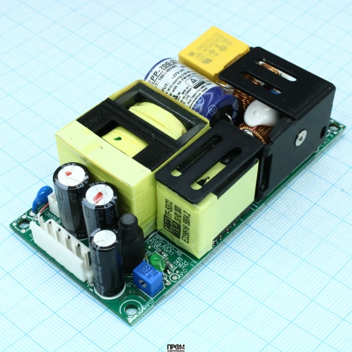 EPP-200-27, AC-DC, 143.1Вт (вент. 202.5Вт), ККМ, вход 80…264V AC, 47…63Гц /113…370В DC, выход 27В/5.3A (вент. 7.5А), рег. вых 25.6…28.4В, изоляция 3000В AC, открытая плата 101.6х50.8х29мм, -30…+70°С, доп. выход 12В/0.5А