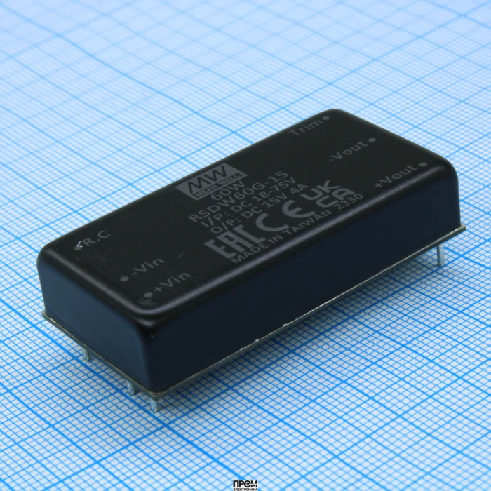 RSDW60G-15, DC/DC, 60Вт, вход 18…75В, выход 15В/4А, изоляция 3000В DC, КПД 92%, максимальная емкостная нагрузка не более 3900мкФ, 2x1", 50.8x25.4x10.5мм, -40…85°C