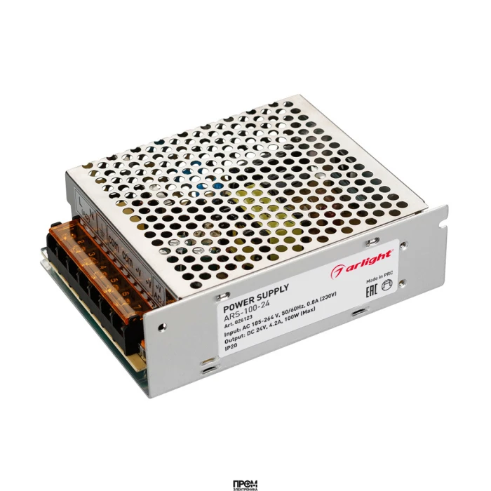 Блок питания ARS-100-24 (24V, 4.2A, 100W) 026123, Источник напряжения с гальванической развязкой для светодиодных изделий. Входное напряжение 185-264 VAC. Выходные параметры: 24 В, 4,2 А, 100 Вт. Встроенный PFC >0,5. Негерметичный алюминиевый сетчатый кор