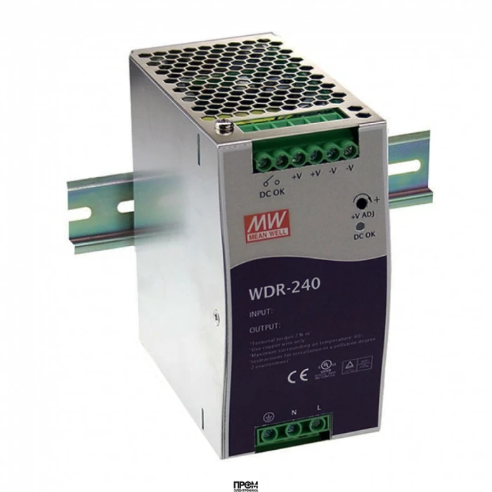 WDR-240-24, Преобразователь AC-DC на DIN-рейку 240Вт, выход 24В/0…10A, рег. вых=24…29В, вход 180…550V AC, 47…63Гц /254…780V DC, изоляция 3000В AC, в кожухе 63х125.2х113,5мм, -25…+70°С
