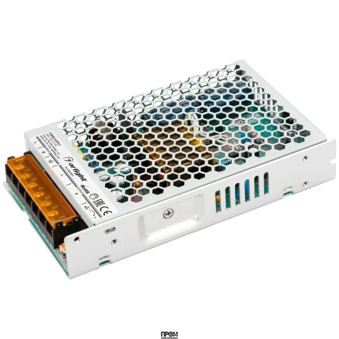 Блок питания ARS-150-12-FA (12V, 12.5A, 150W) 026329(1), Источник напряжения с гальванической развязкой для светодиодных изделий. Входное напряжение 200-240 VAC. Выходные параметры: 12 В, 12,5 А, 150 Вт. Встроенный PFC >0,5. Негерметичный алюминиевый сетч
