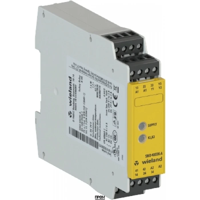 Реле безопасности SNO4003K-A AC/DC 24V, Реле безопасности SNO4003K-A AC/DC 24V (B). для аварийного останова и контроля положен.одноканальное управление, автоматический/ручной сброс с контролем переключателя сброса, 3 цепи включения, 1 сигнальный выход, AC