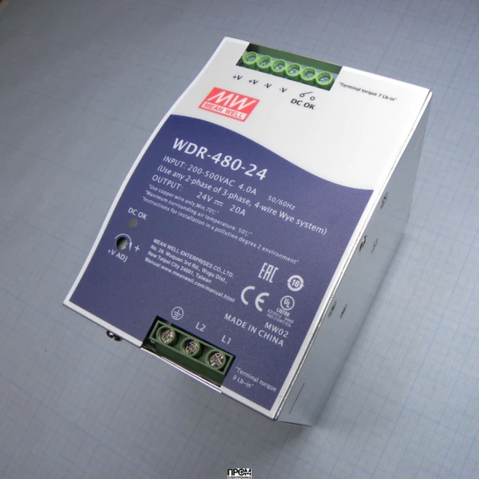 WDR-480-24, Преобразователь AC-DC на DIN-рейку 480Вт, вход 180…550V AC, 47…63Гц /254…780V DC, выход 24В/0…20A, рег. вых=24…28В, изоляция 3000В AC, в кожухе 85.5х125.2х128.5мм, -30…+70°С