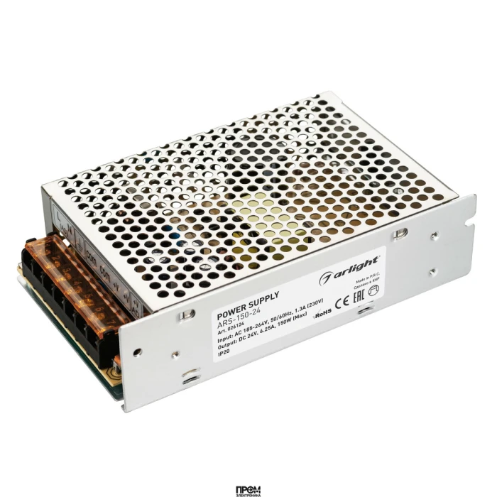 Блок питания ARS-150-24 (24V, 6.25A, 150W) 026124, Источник напряжения с гальванической развязкой для светодиодных изделий. Входное напряжение 185-264 VAC. Выходные параметры: 24 В, 6.25 А, 150 Вт. Встроенный PFC >0.5. Негерметичный алюминиевый сетчатый к