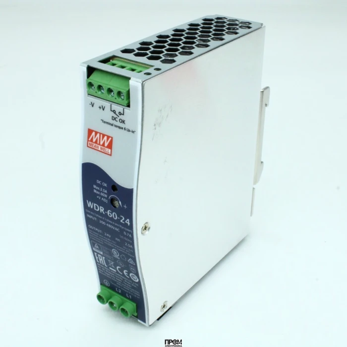 WDR-60-24, Преобразователь AC-DC на DIN-рейку 60Вт, выход 24В/0…2.5A, рег. вых=24…29В, вход 180…550V AC, 47…63Гц /254…780V DC, изоляция 3000В AC, в кожухе 32х125.2х102мм, -30…+85°С