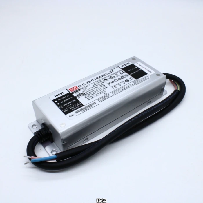 ELG-75-C1400A-3Y, AC-DC, 75.6Вт, IP65, вход 100…305В AC, 47…63Гц/142…431В DC, ККМ, выход 27…54В/1400мА, изоляция 3750В AC, в кожухе 180х63х35.5, -40…+85°С (корпус), рег. выхода, с проводом заземления