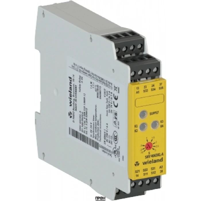 Реле безопасности SNV4063KL-A 30S, Реле безопасности SNV4063KL-A.одноканальное или двухканальное управление, автоматический/ручной сброс с контролем переключателя сброса, 2 цепи мгновенного переключения, 1 цепь включения с задержкой отключения, 1,5–30 с