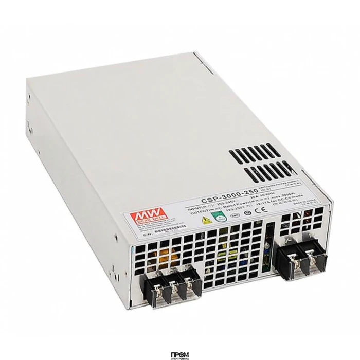 CSP-3000-400, AC-DC, 3000Вт, вход 180…264V AC, 47…63Гц /254…370В DC, вых1: 400В/7.5A, вых2: 12В/0.4A, КПД=93%, изоляция 3000В AC, в кожухе 278х177.8х63.5мм, -20…+65°С, c корректором коэф. мощности