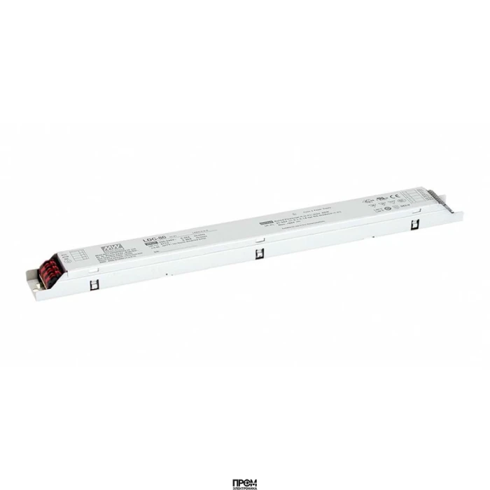 LDC-80B, AC-DC, 80Вт, стабилизатор тока, вход 180…295В AC, 47…63Гц, выход 700…2100мA/27…56В, ККМ, изоляция 3750В AC, в кожухе 360х30х21мм, -25…+80°С, NTC вход, димминг 0…10В и ШИМ