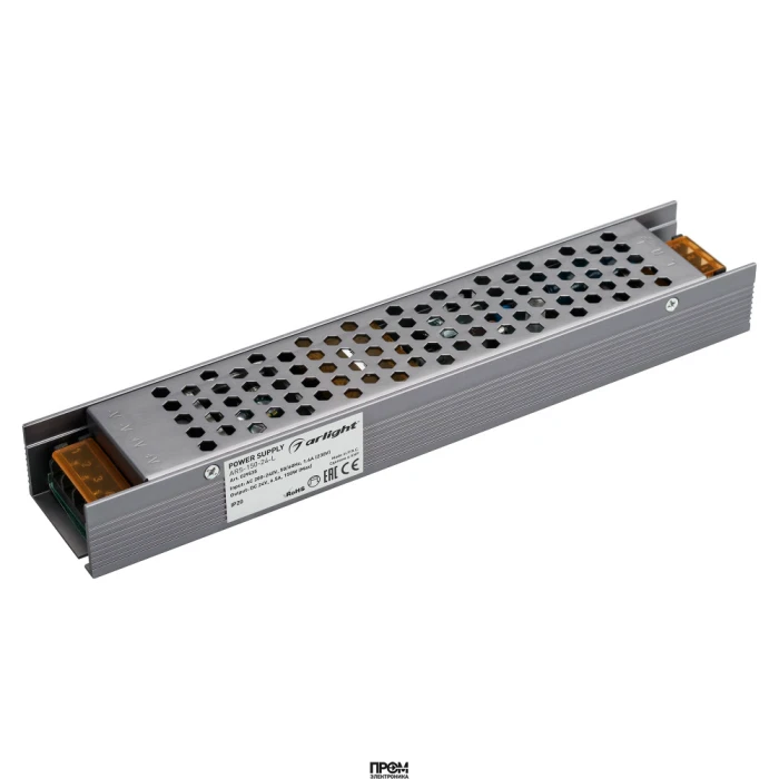 Блок питания ARS-150-24-L (24V, 6.5A, 150W) 029535, Источник напряжения с гальванической развязкой для светодиодных изделий. Входное напряжение 176-264 VAC. Выходные параметры: 24 В, 6.5 А, 150 Вт. Встроенный PFC >0.5. Негерметичный алюминиевый сетчатый к