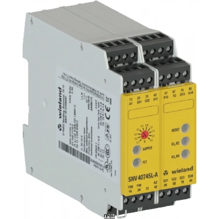 Реле безопасности SNV4074SL-A 30S DC 24V, SNV4074SL-A 30S.DC 24V.одноканальное или двухканальное управление, автоматический/ручной сброс с контролем переключателя сброса, 2 цепи тока с немедленным переключением, 2 цепи включения с задержкой выключения, не