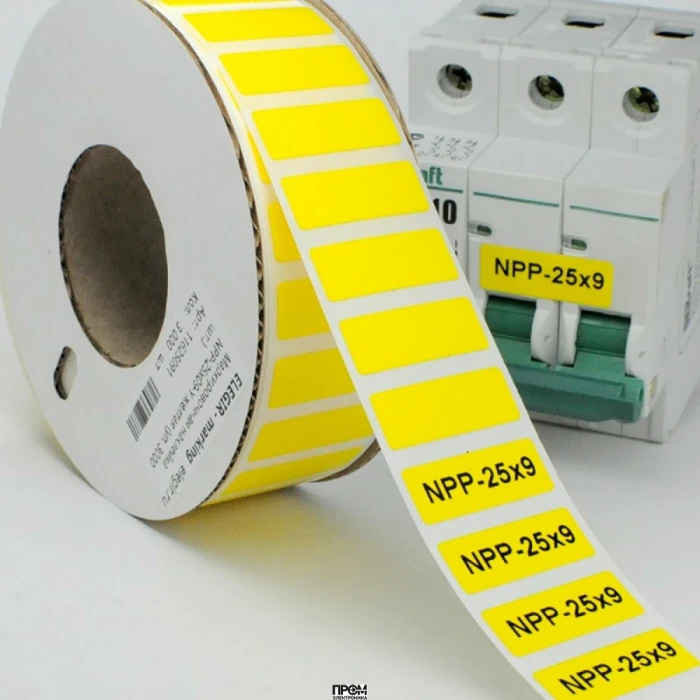 Маркировка прямоугольная NPP-25х09 Y, Маркировочная наклейка, для позиционного обозначения электрооборудования в шкафу и маркировки провода, размер 25х9 мм, цвет желтый, в упаковке 3000 наклеек