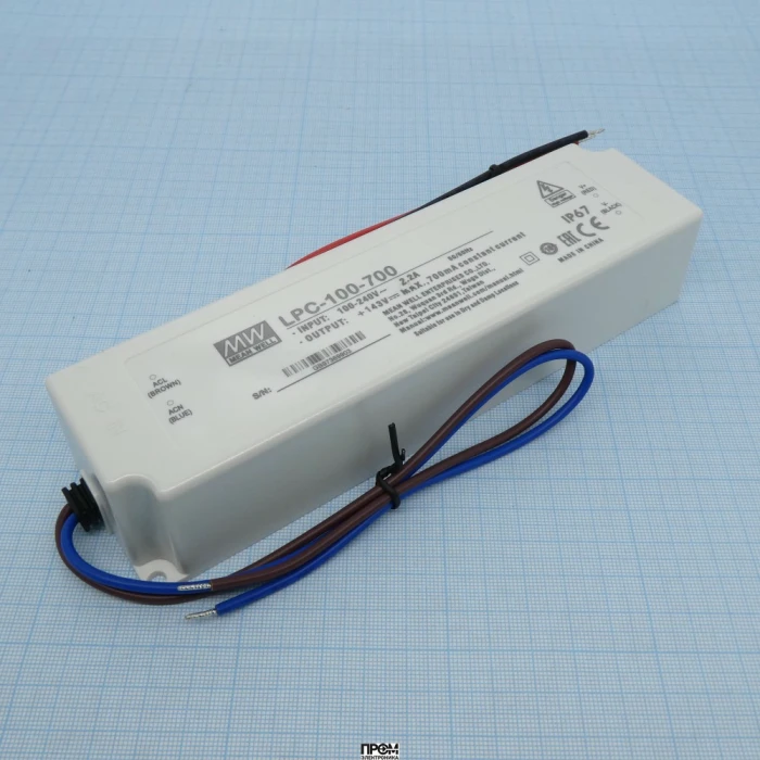 LPC-100-700, AC-DC, 100Вт, вход 90...264 В AC, стабилизация тока, выход 700мА/72...143В, изоляция 3000В AC, пластик IP67 190х52х37мм, -25…+50°С