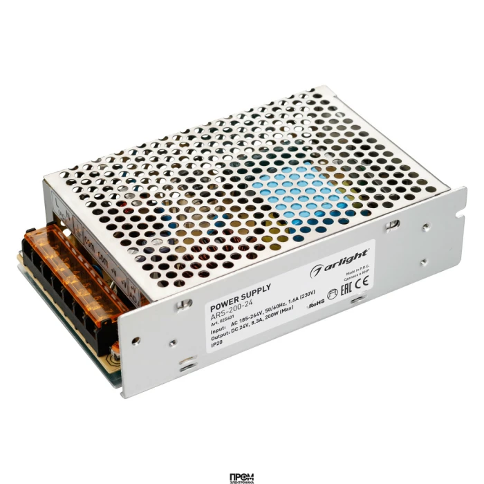 Блок питания ARS-200-24 (24V, 8.3A, 200W) 025401, Источник напряжения с гальванической развязкой для светодиодных изделий. Входное напряжение 185-264 VAC. Выходные параметры: 24 В, 8,3 А, 200 Вт. Встроенный PFC >0,5. Негерметичный алюминиевый сетчатый кор