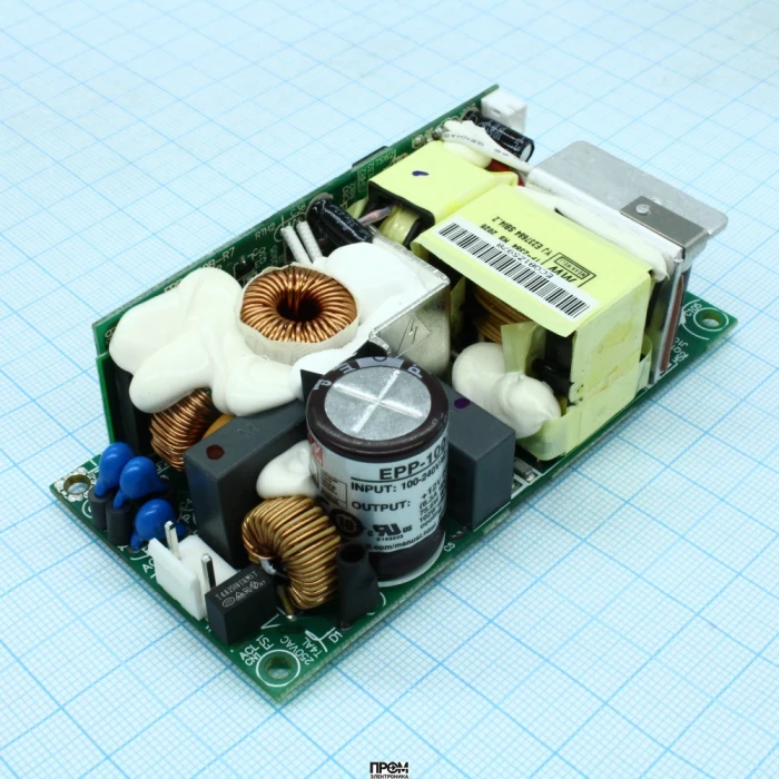 EPP-100-12, AC-DC, 75.6Вт (вент. 100Вт), ККМ, вход 90…264V AC, 47…63Гц /127…370В DC, выход 12В/6.3A (вент. 8.5А), рег. вых 11.76…12.6В, изоляция 3000В AC, открытая плата 102х51х29мм, -30…+70°С, доп. выход 12В/0.3А